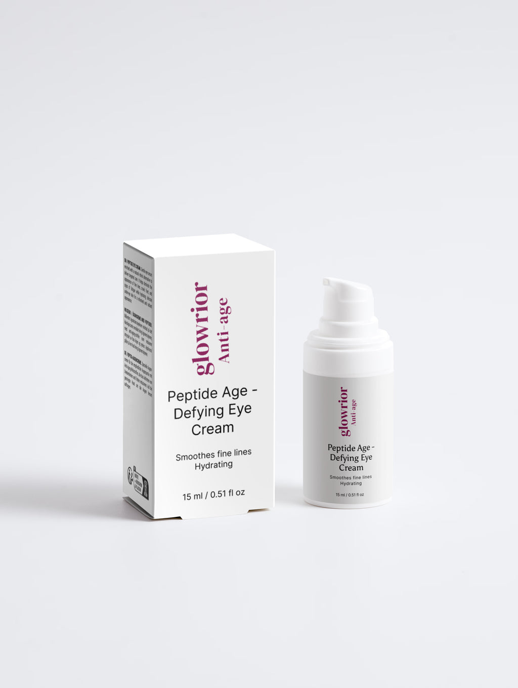 Glowrior Peptide Age-Defying Eye Cream in white packaging, formulated with Vitamin C and Peptides for anti-aging and firming.