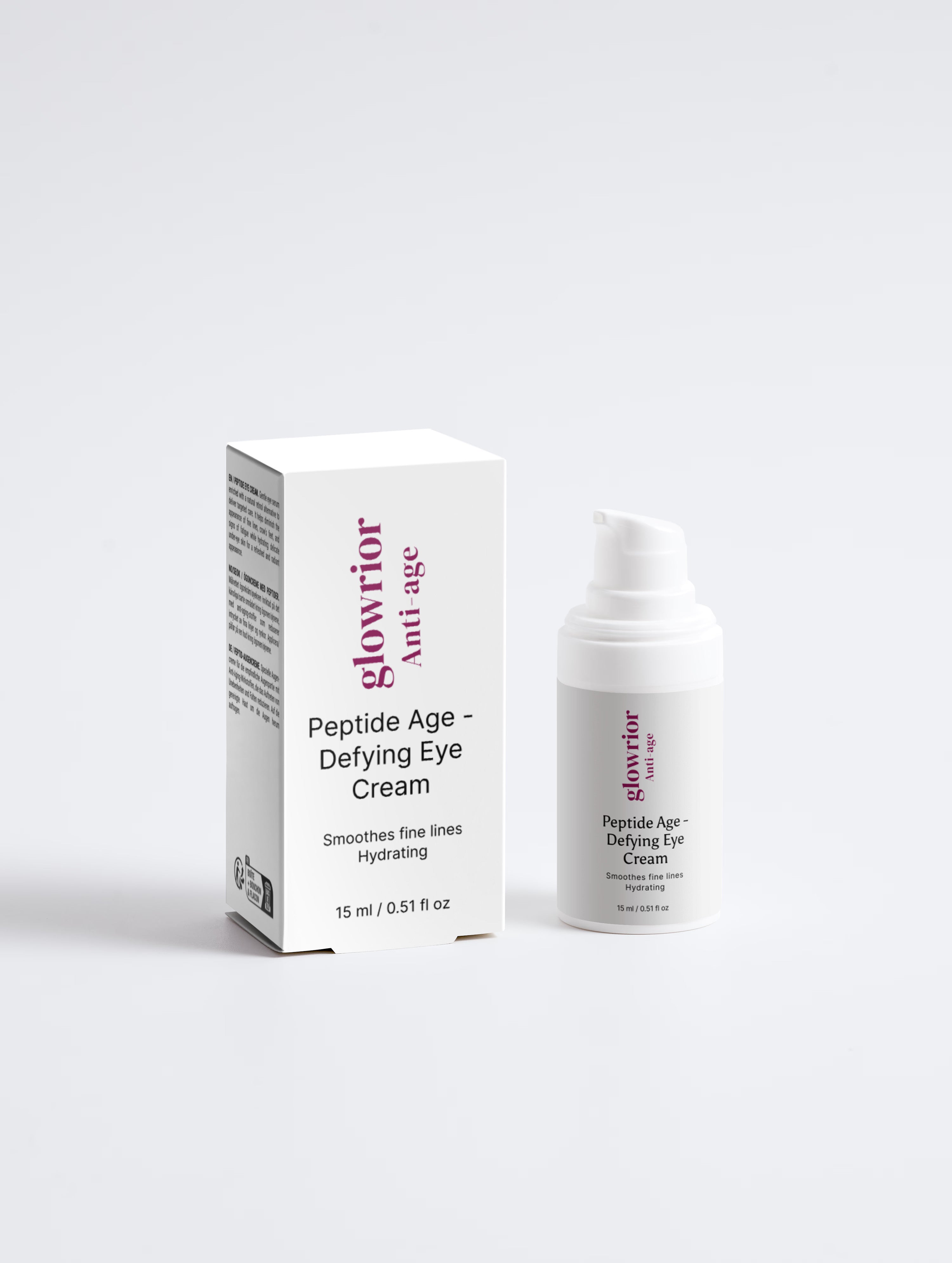 Glowrior Peptide Age-Defying Eye Cream in white packaging, formulated with Vitamin C and Peptides for anti-aging and firming.